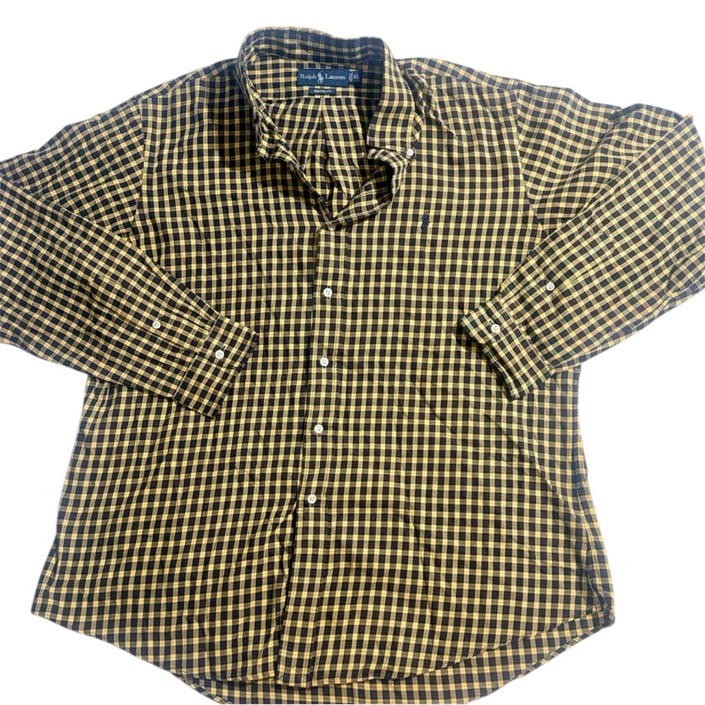Ralph Lauren Custom Fit Plaid Button Down Shirt Mens XL Yellow Navy Pony Logo